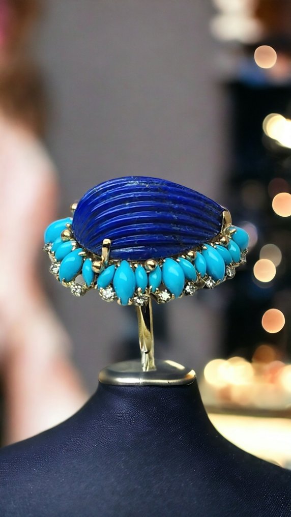 Gyűrű Vintage 14k arany lapis lazuli gyémánt gyűrű 1950-es évekből Lapis lazuli #2.1