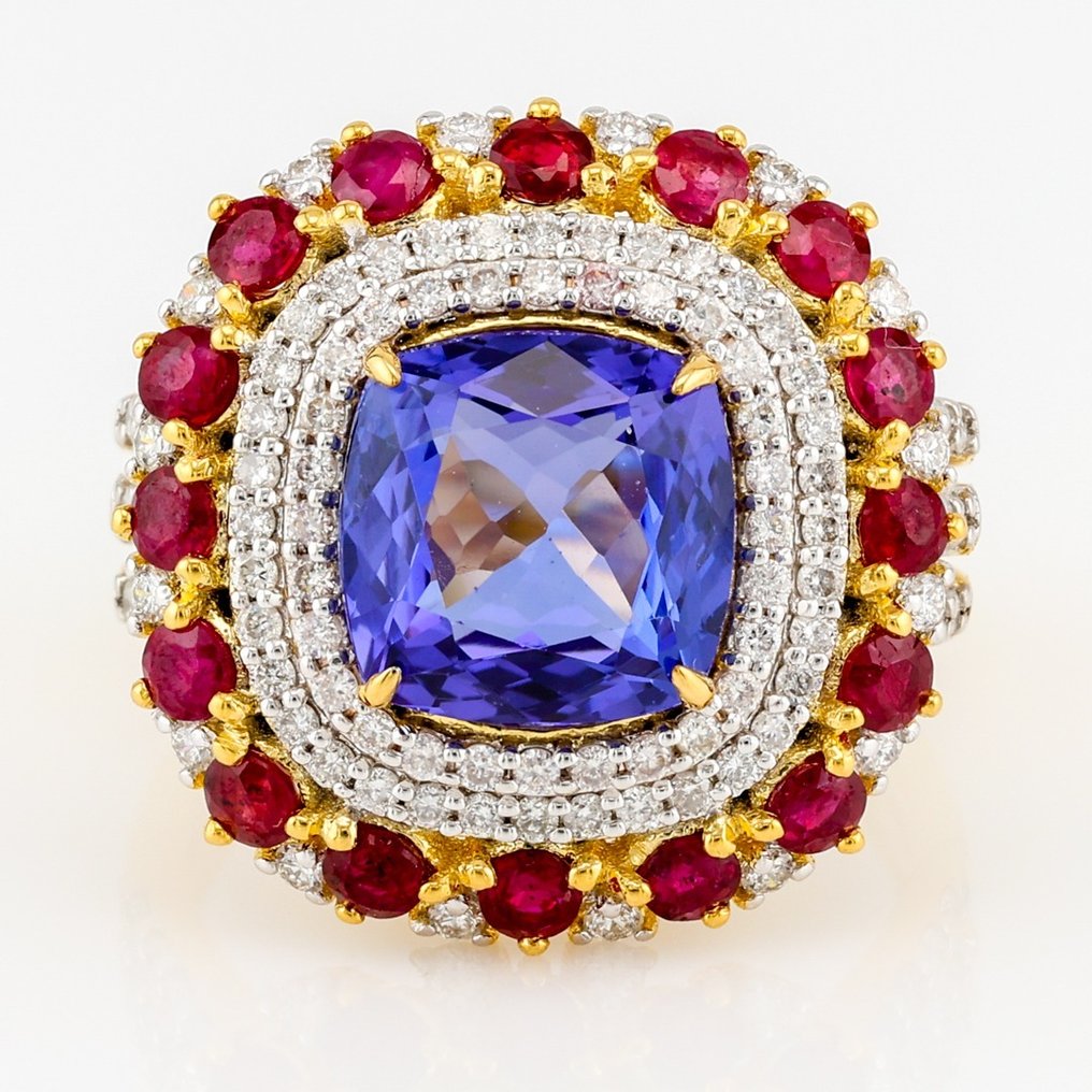 (GIA Certified)-Tanzanite (3.85) Cts -Ruby (1.51) Cts (16) Pcs-Natural Diamond (0.83) Cts (110) - Ring White gold, Yellow gold #1.1