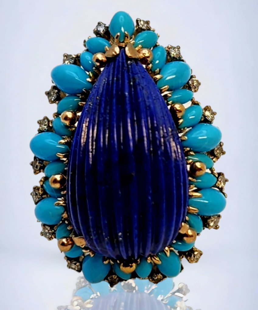 Anello Anello vintage in oro 14k con lapislazzuli e diamanti, anni '50 Lapislazzuli  #1.1