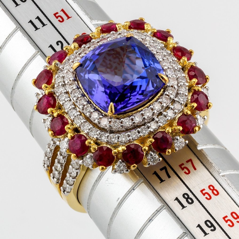 (GIA Certified)-Tanzanite (3.85) Cts -Ruby (1.51) Cts (16) Pcs-Natural Diamond (0.83) Cts (110) - Ring White gold, Yellow gold #2.1
