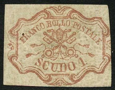 意大利古國－教宗國 1852 - 1 個胭脂紅粉盾，經過認證。 - Sassone N. 11 #1.1