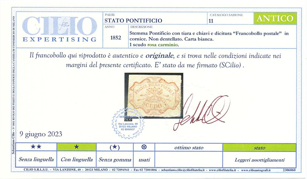 意大利古國－教宗國 1852 - 1 個胭脂紅粉盾，經過認證。 - Sassone N. 11 #2.2