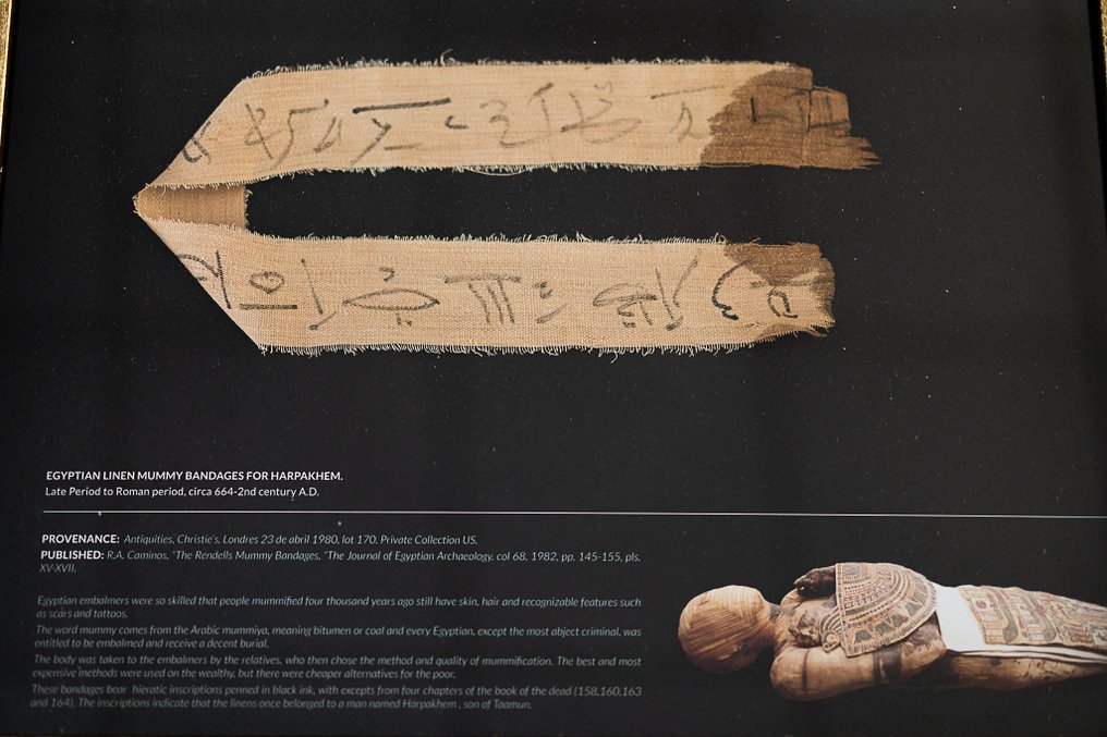 Égypte ancienne, période tardive Bandages momie en lin pour Harpakhem, 59,3 x 4,6 cm (Ex-Christies) -Licence d'exportation espagnole Encadré #1.1