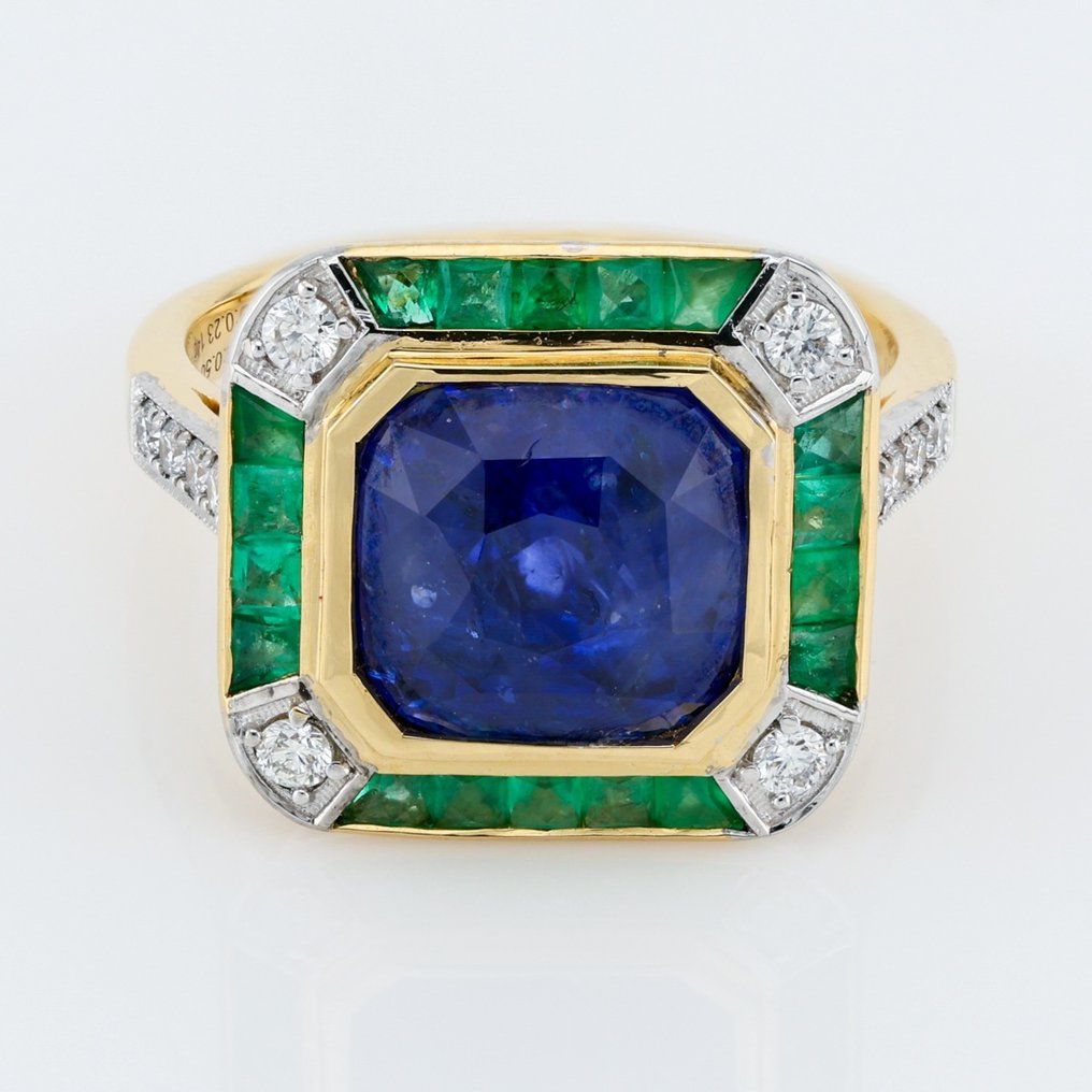 "GIA"- No Heat Ceylon Sapphire 4.50 Ct,Emerald and Diamond Combo Art French Carre Cut Bezel Set - Sormus - 18 kt. Keltakulta, Valkokulta #1.1
