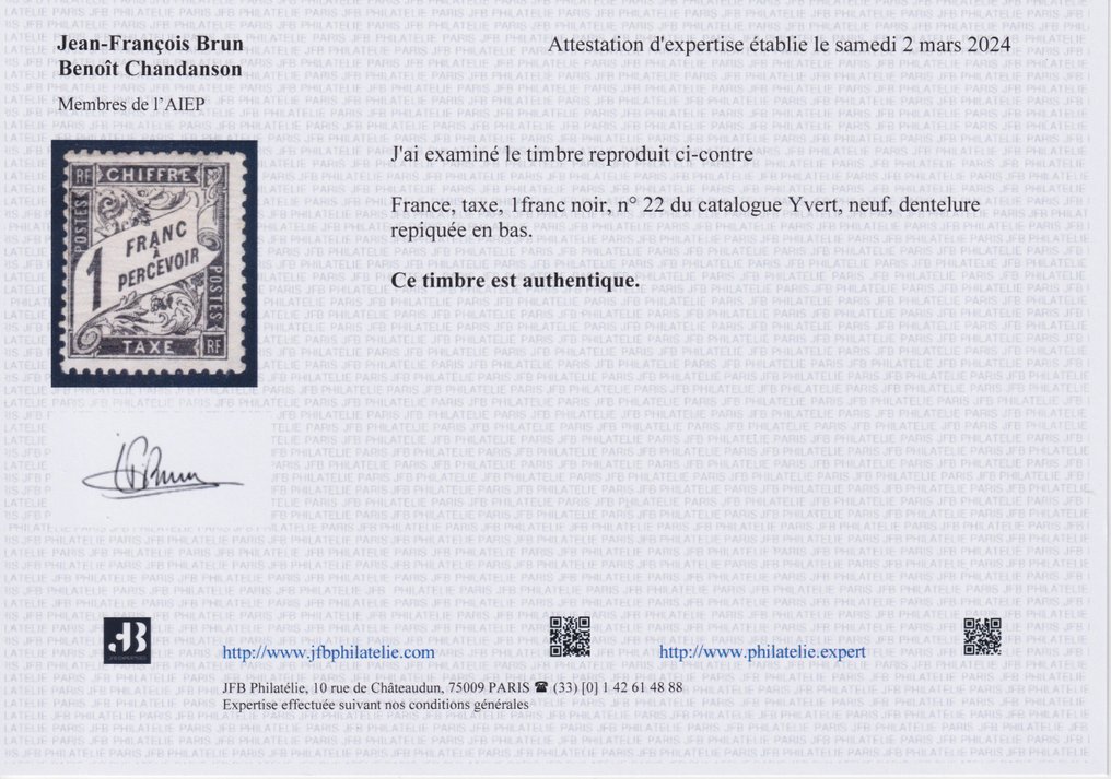 France 1882 - Timbre Taxe n° 22 N**, signé Calves avec certificat Brun, défaut. Très beau cependant - Yvert #2.1