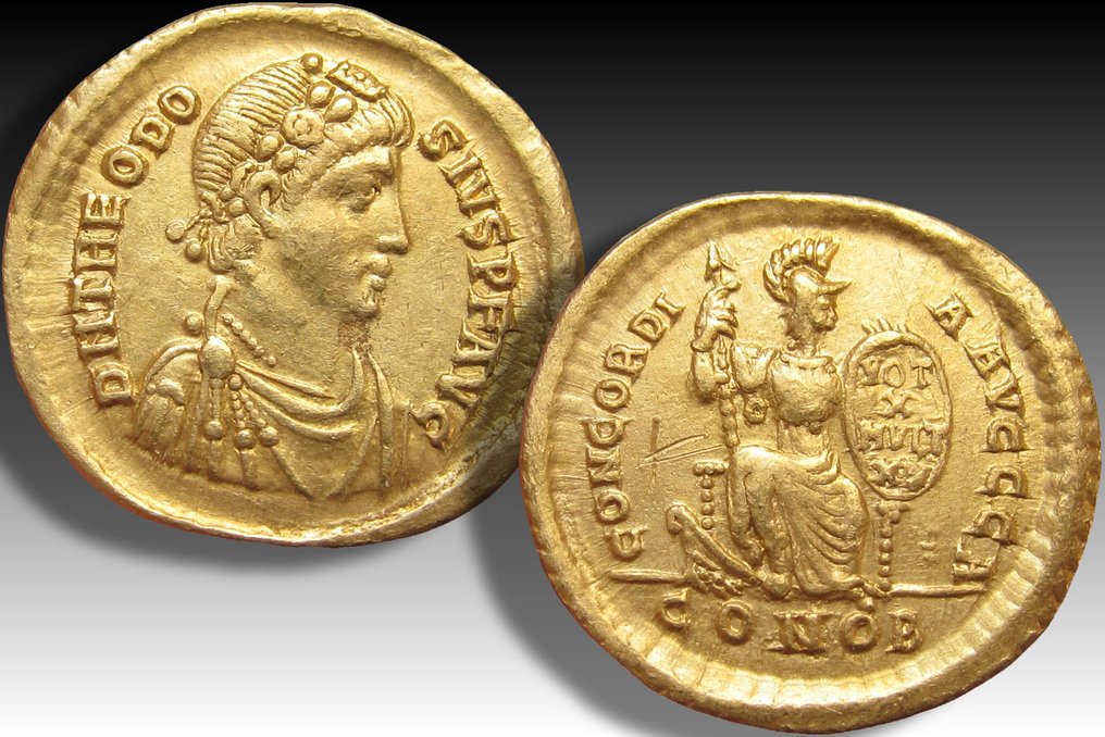 Romarriket. Theodosius I (AD 379-395). Solidus Constantinople mint, 1st officina 388-392 A.D. - VOT / X / MVLT / XV on shield - #2.1
