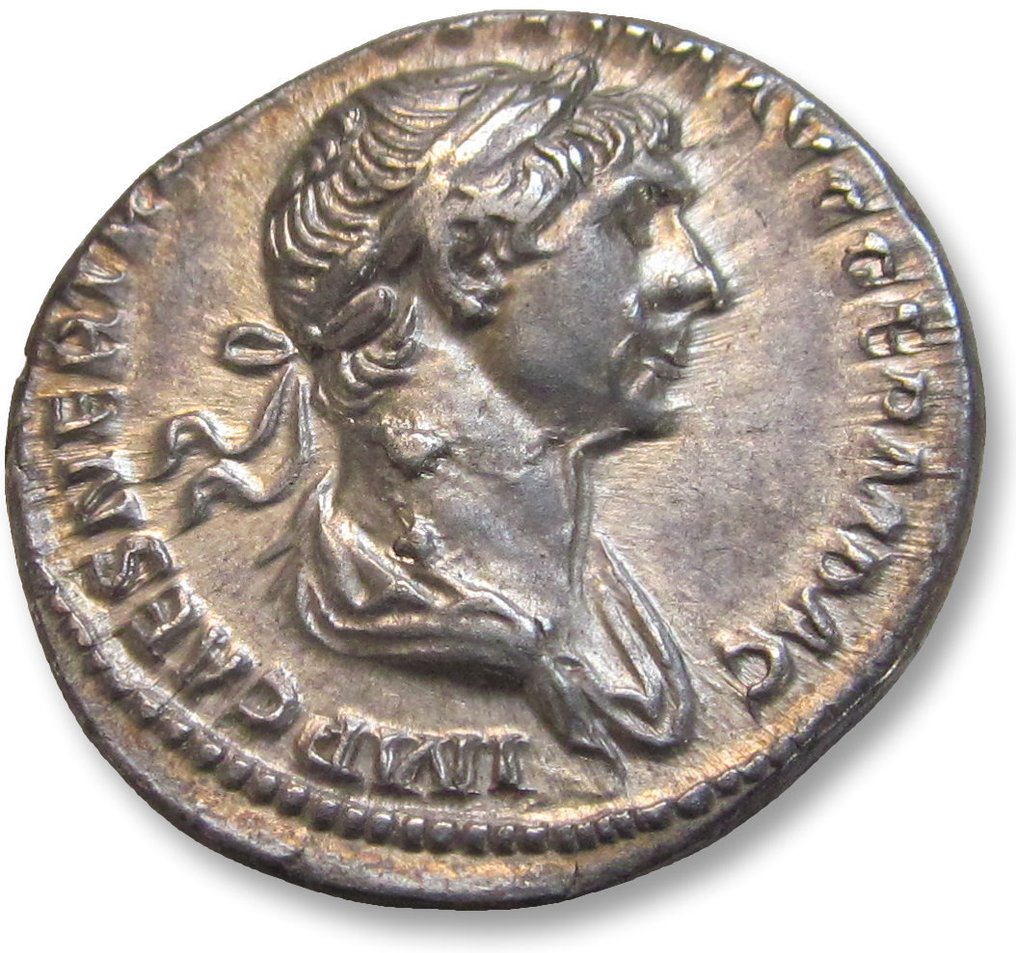 Império Romano. Trajano (98-117 d.C.). Denarius Rome mint 116-117 A.D. - Bust of Sol reverse - beautiful toning #1.2