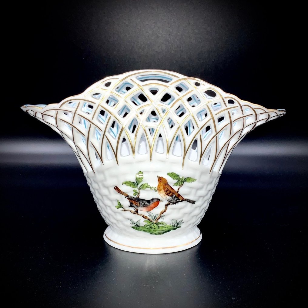Herend - Work of Art Large Breakthrough Basket (18,5 cm) - "Rothschild Bird" - Kori - Käsinmaalattua posliinia #1.1