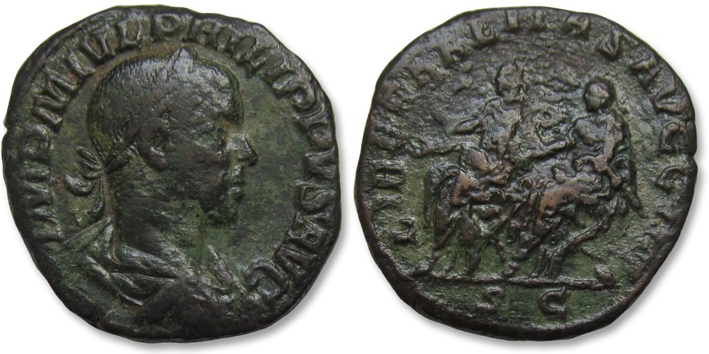 Romarriket. Philip II (AD 247-249). Sestertius Rome mint - LIBERALITAS AVGG III, Philip II and Philip I seated left - #2.1