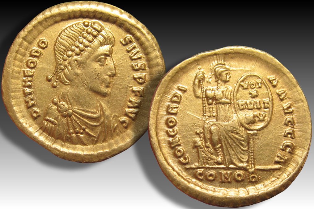 Cesarstwo Rzymskie. Teodozjusz I (379-395 n.e.). Solidus Constantinople mint, 1st officina 388-392 A.D. - VOT / X / MVLT / XV on shield - #2.1