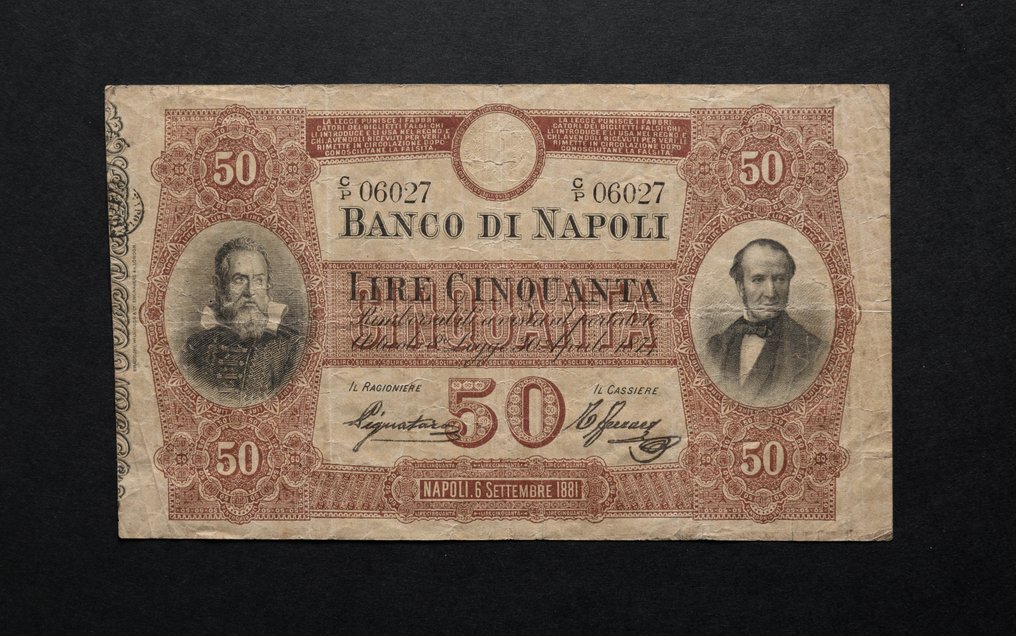 意大利, 那不勒斯银行 - 50 Lire 06/09/1881 Galilei - Gigante BN 4A #1.1