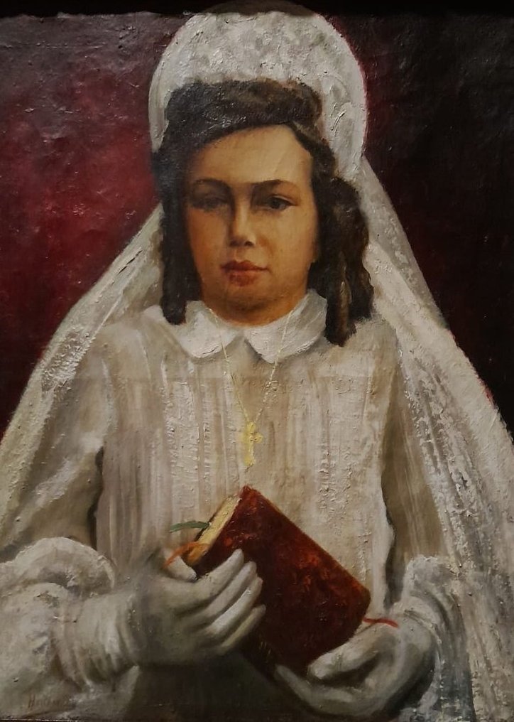 Hollandse school (XX) - Katholieke dame in bruidsjurk met bijbel #1.1