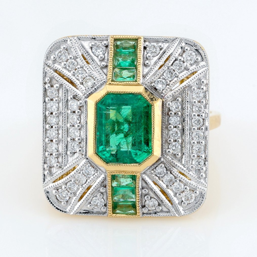 (GIA Certified) - (Emerald) 1.50 Cts - (Emerald) 0.28 Cts (6) Pcs-(Diamond) 0.40 Cts (40) Pcs - Anillo Oro amarillo, Oro blanco #1.1