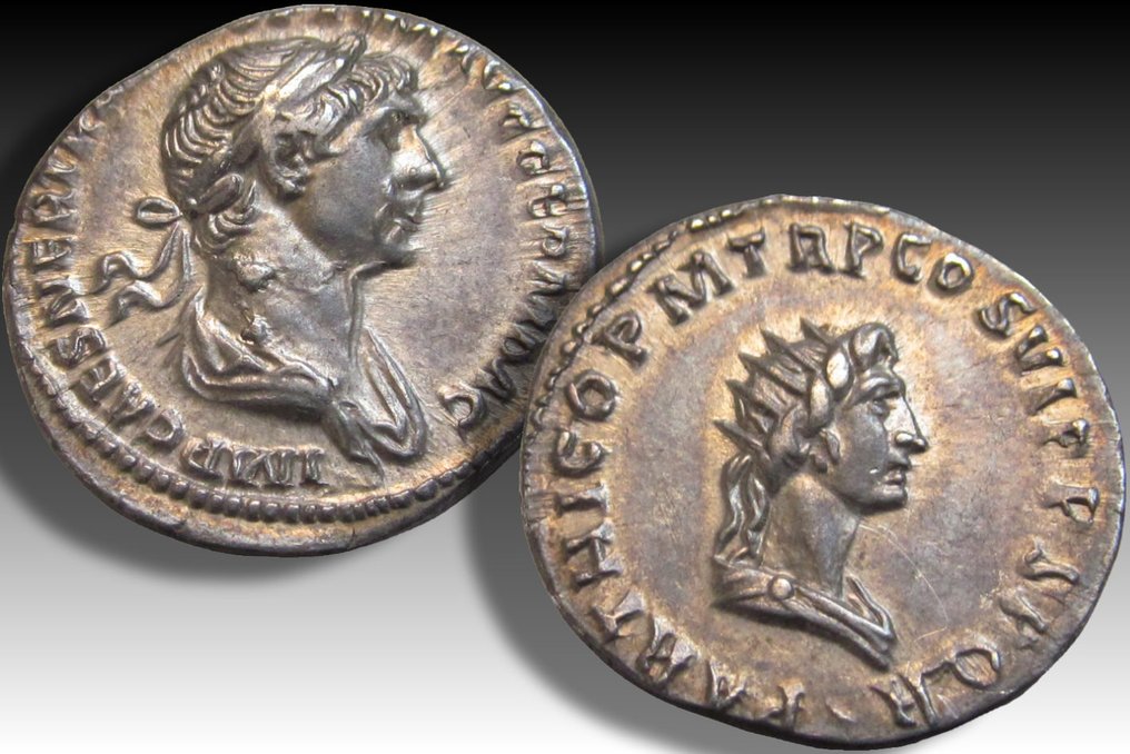 Romeinse Rijk. Trajan (98-117 n.Chr.). Denarius Rome mint 116-117 A.D. - Bust of Sol reverse - beautiful toning #2.1