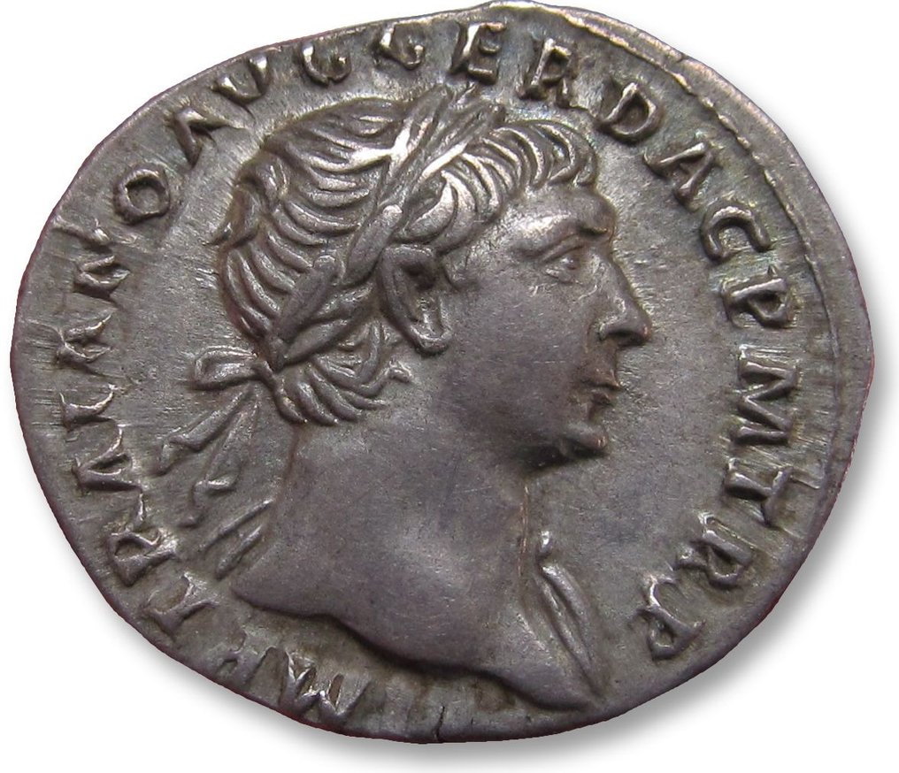 Impreiu Roman. Traian (AD 98-117). Denarius Rome mint AD 107-108 - trophy of Dacian arms, beauty - #1.2
