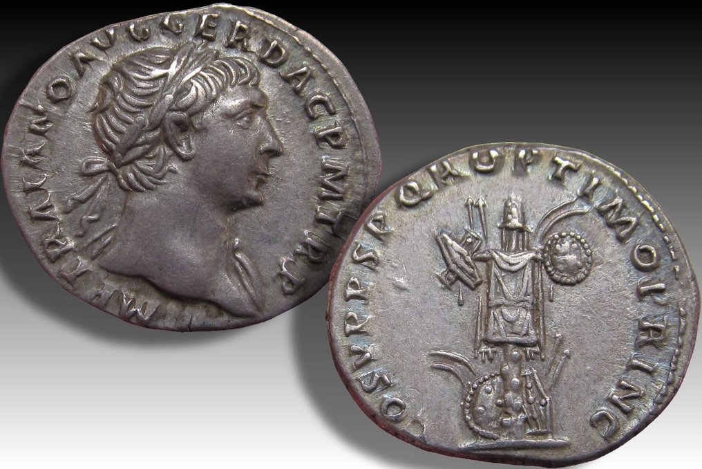 Empire romain. Trajan (98-117 apr. J.-C.). Denarius Rome mint AD 107-108 - trophy of Dacian arms, beauty - #2.1