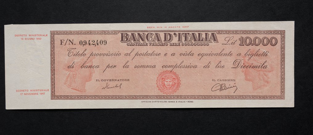 意大利 - 10.000 Lire 12/06/1950 "Titolo Provvisorio" (Medusa) - Gigante BI 72F #1.1