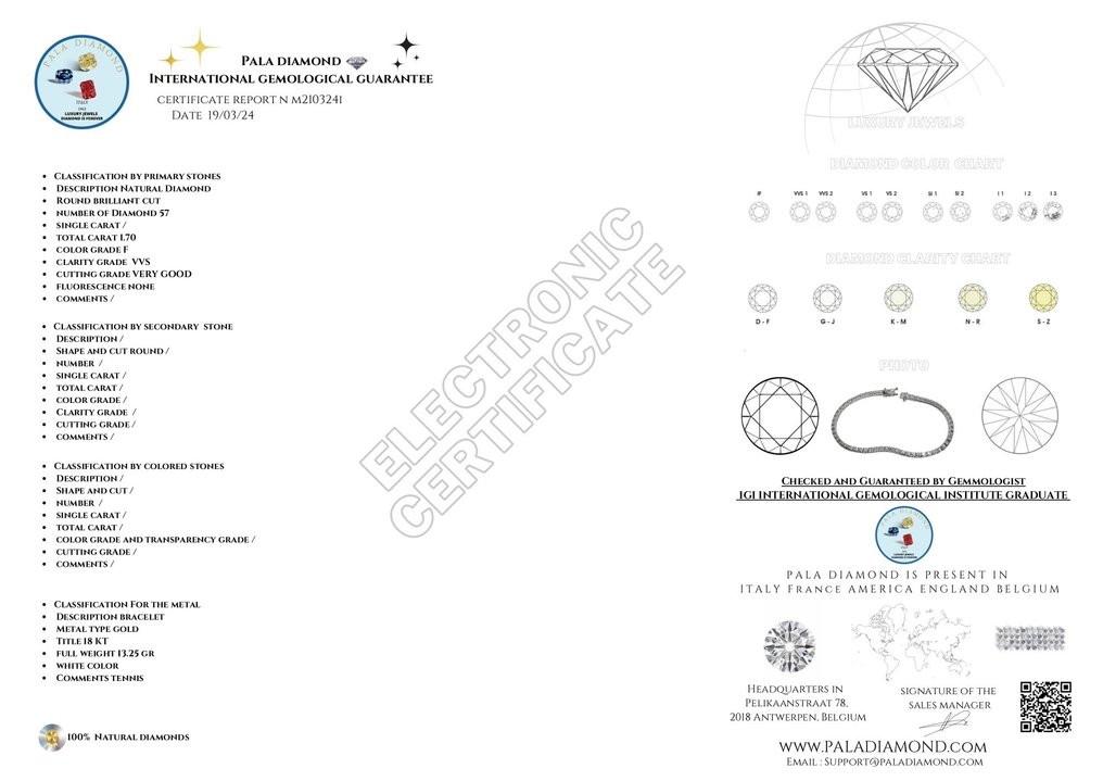 Pala Diamond Co. - Brățară de tenis - 18 ct. Aur alb Diamant  (Natural) - Lopata de diamant #3.2