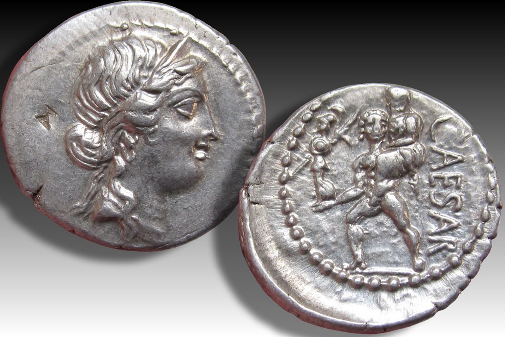 Den romerske republikk (Imperatorial). Julius Caesar. Denarius mobile military mint moving with Caesar in North Africa, 48-47 B.C. - beautiful sharp strike - #2.1