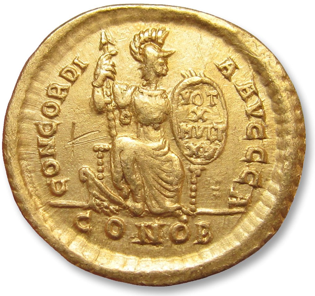Romarriket. Theodosius I (AD 379-395). Solidus Constantinople mint, 1st officina 388-392 A.D. - VOT / X / MVLT / XV on shield - #1.2