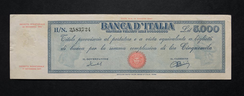 意大利 - 5.000 Lire 22/11/1949 "Titolo Provvisorio" (Medusa) - Gigante BI 63E #1.1