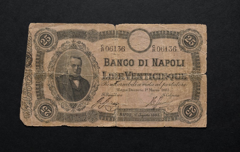 Italia, Banco de Nápoles - 25 Lire 01/08/1883 - Gigante BN 1A #1.1