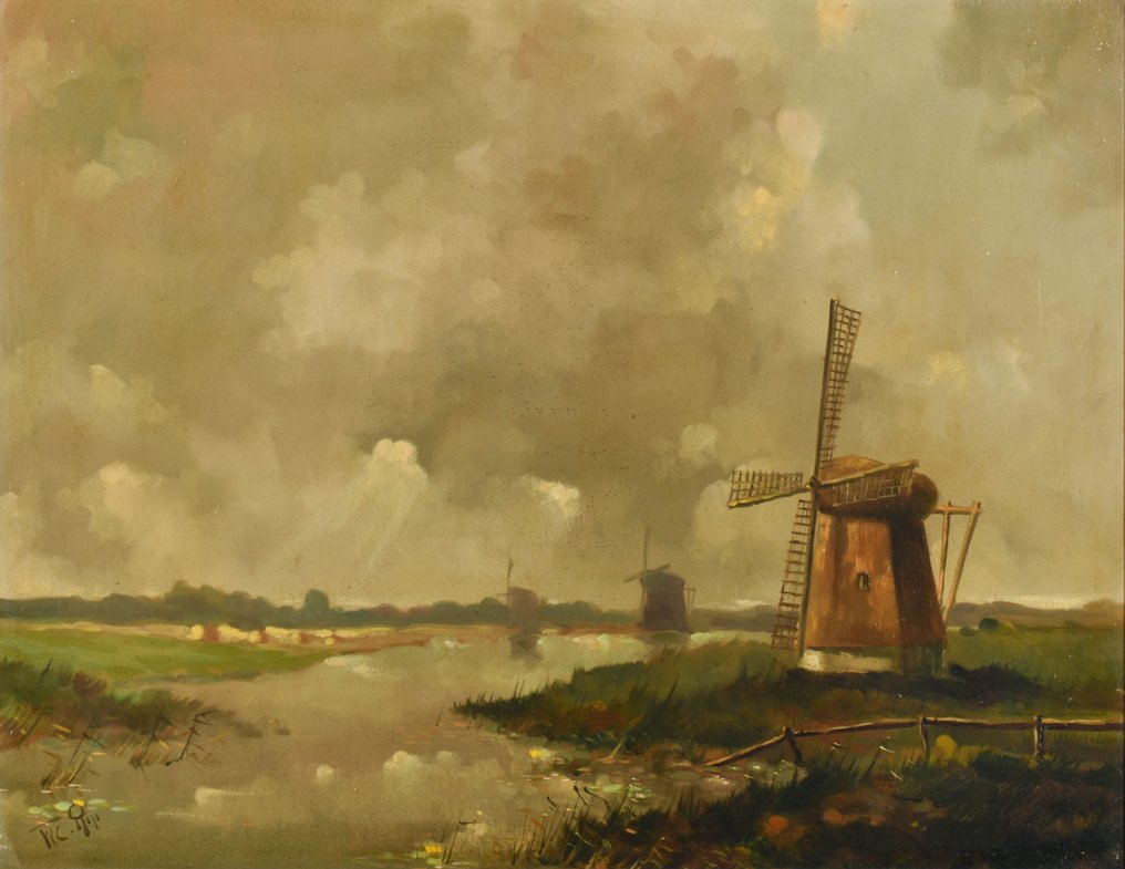 Willem Cornelis Rip (1856-1922) - Dutch Windmills in the Polder #1.1