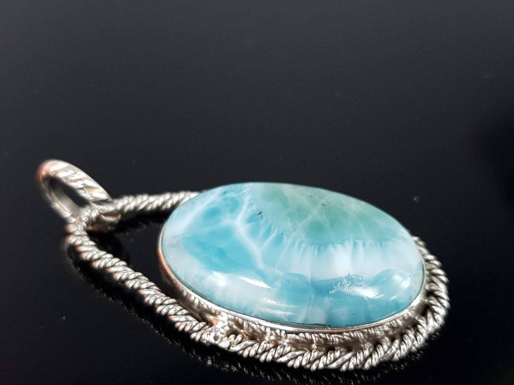 Ασημί, Φυσικός λίθος Larimar / Χωρίς τιμή ελάχιστης προσφοράς / Δωρεάν αποστολή. - Κρεμαστό κόσμημα #1.0