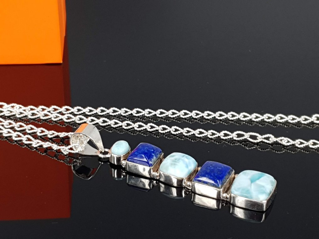 Silver, Natural Larimar & Lapis Lazuli Stone / Free Delivery - Necklace with pendant #2.3