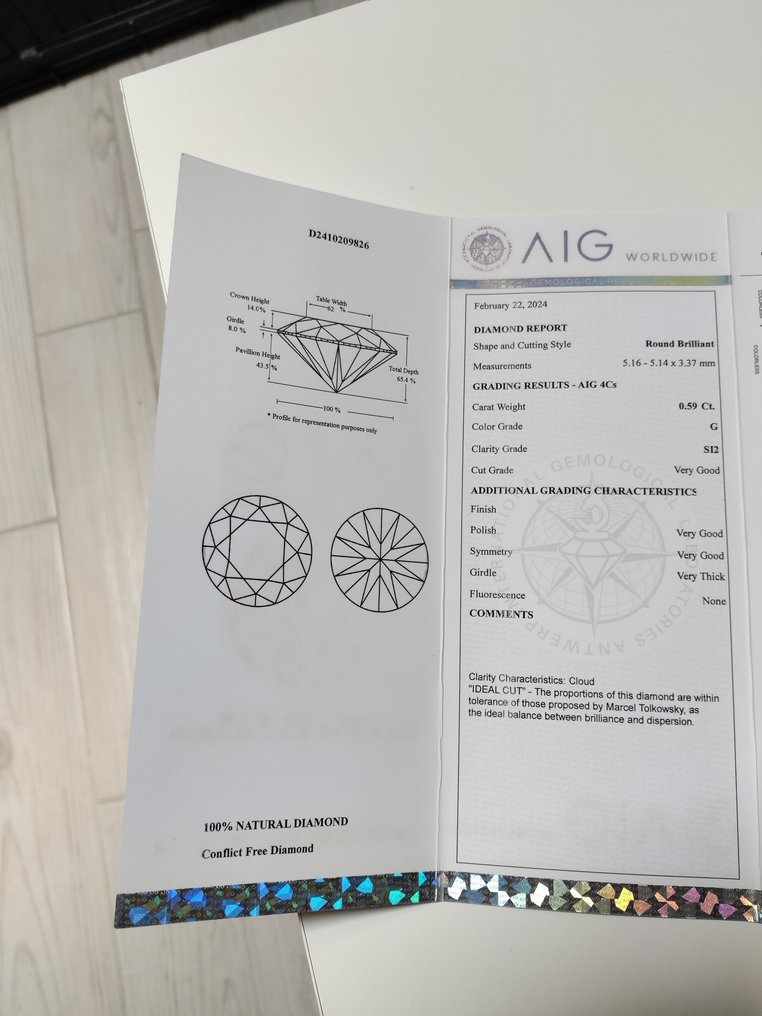 1 pcs Diamant  (Natuurlijk)  - 0.59 ct - Rond - G - SI2 - Antwerp International Gemological Laboratories (AIG Israel) #3.1