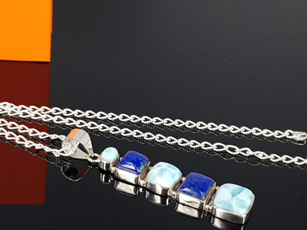 Silver, Natural Larimar & Lapis Lazuli Stone / Free Delivery - Necklace with pendant #2.2