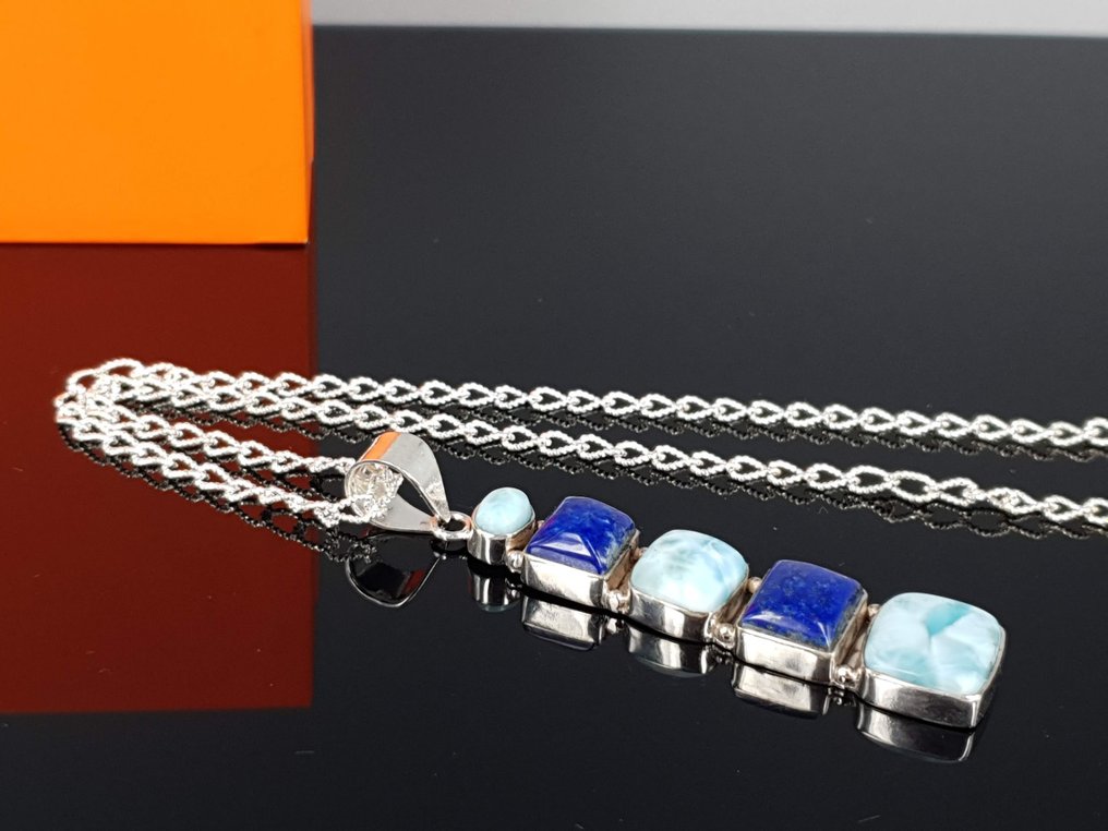Silver, Natural Larimar & Lapis Lazuli Stone / Free Delivery - Necklace with pendant #3.1