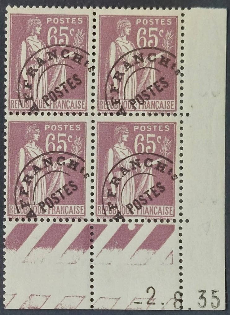 Frankrijk 1933/35 - Vooraf geannuleerd, type Peace, 65 c. paarsbruin, blok van 4 gedateerde hoeken - Yvert préoblitéré 73 #1.1