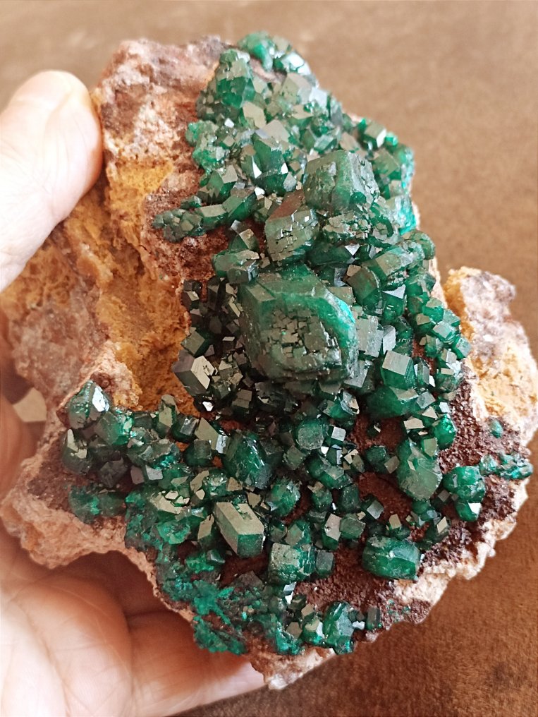 Hatalmas DIOPTASE XXL, smaragdzöld, csodálatos fényes kristályok, amelyek közül az egyik 2,5 cm - Magasság: 130 mm - Szélesség: 108 mm- 1178 g - (1) #1.1