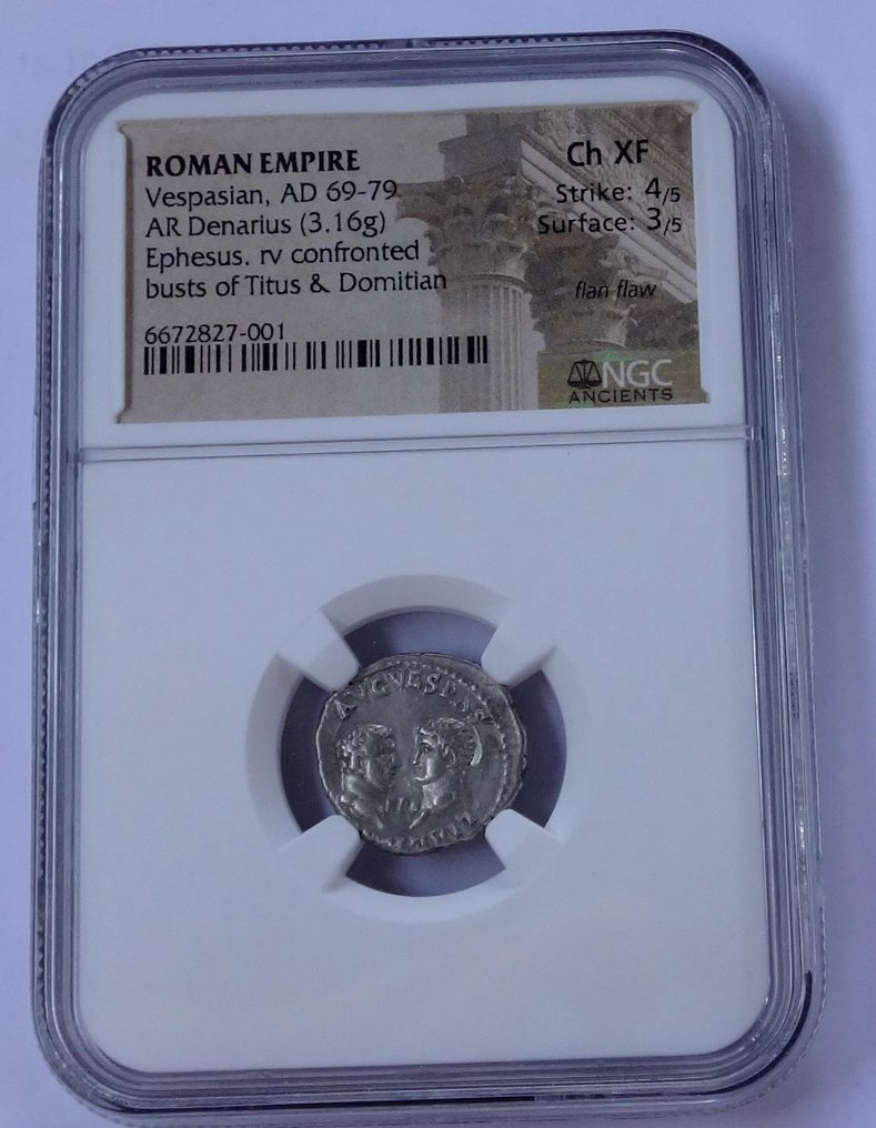 Römisches Reich. NGC "Ch XF" 4/5 - 3/5 DENARIUS VESPASIAN (69-79).. Denarius Ephesus mint. Very rare! #2.2