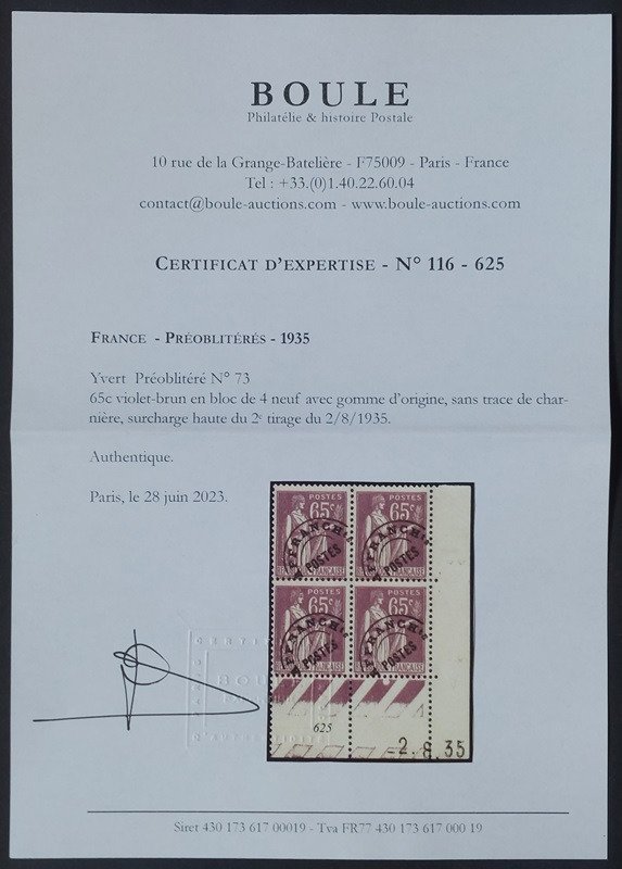 Frankrijk 1933/35 - Vooraf geannuleerd, type Peace, 65 c. paarsbruin, blok van 4 gedateerde hoeken - Yvert préoblitéré 73 #2.1