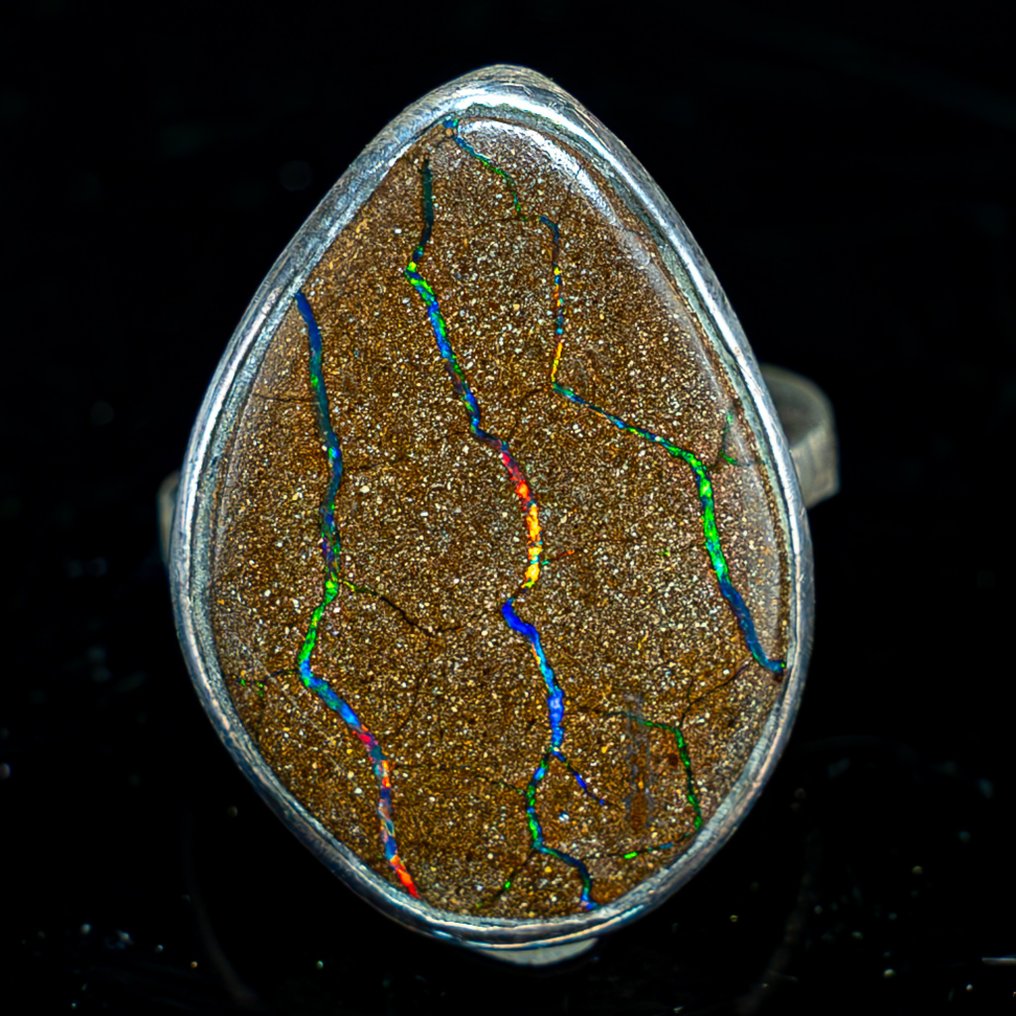 高品质天然博石蛋白石 925 银戒指 - 55.15 克拉- 11.03 g #1.1