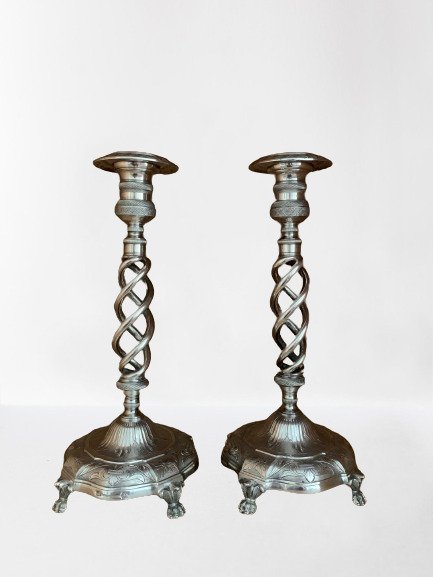 Lysestage Et par 1700-tals lysestager i sølv, vejer 995 gr. Porto Coroa mærke, og guldsmede initialer (2) - .833 sølv #1.1