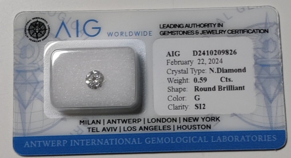 1 pcs Diamant  (Natuurlijk)  - 0.59 ct - Rond - G - SI2 - Antwerp International Gemological Laboratories (AIG Israel) #1.1