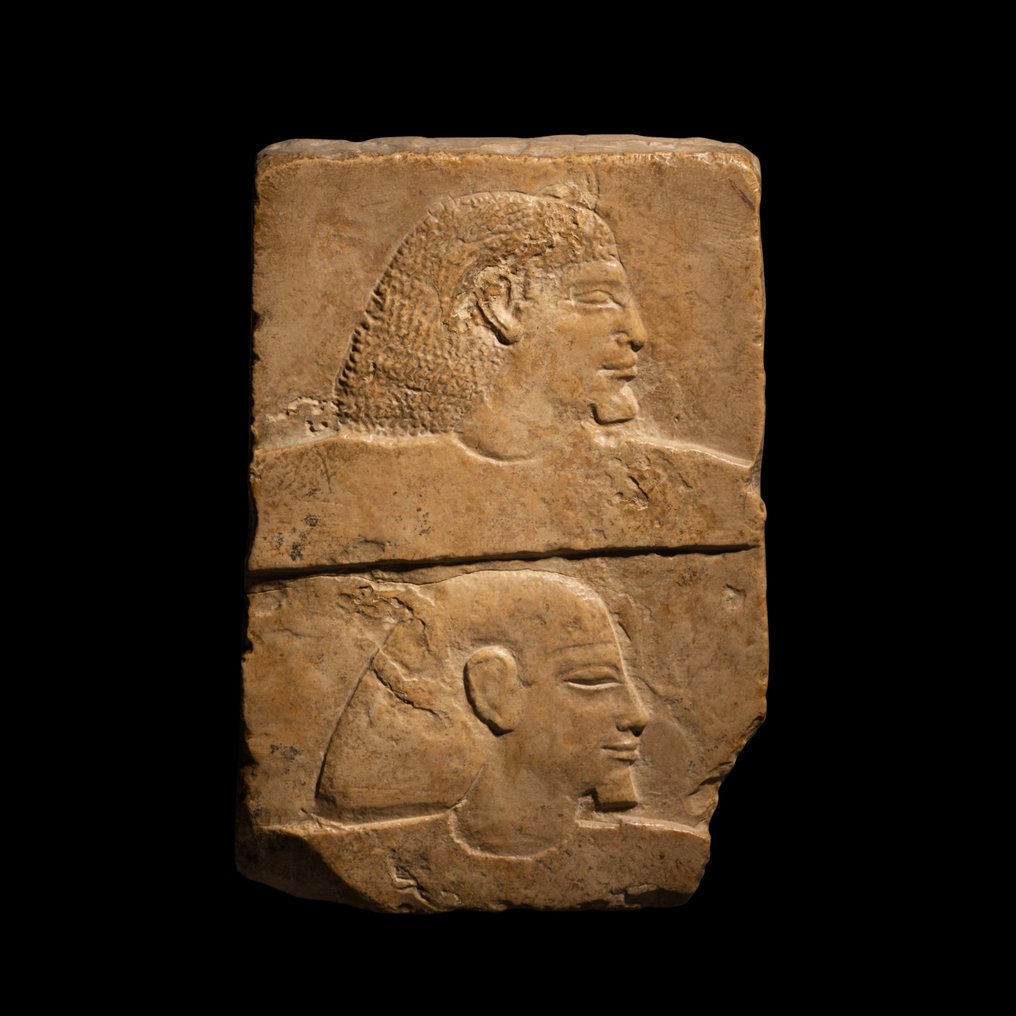 Oldtidens Egypten Kalksten Billedhuggermodel med to buster. Ptolemæisk periode, 2. århundrede f.Kr. 19,5 cm H. Spansk Eksport #1.2