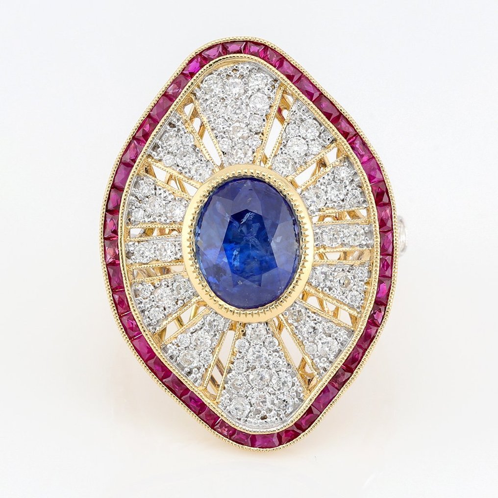 (GIA Certified) - Sapphire 4.73 Cts, Ruby & Diamond Combo Art French Carre Cut - Bague - 18 carats Or jaune #1.1