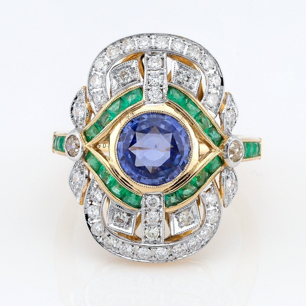 (GIA Certified) - (Sapphire) 2.19 Ct - (Emerald)  0.58 Cts (24) Pcs - (Diamond)  0.54 Cts (40) Pcs - 14 ct. Bicolor - Inel #1.1