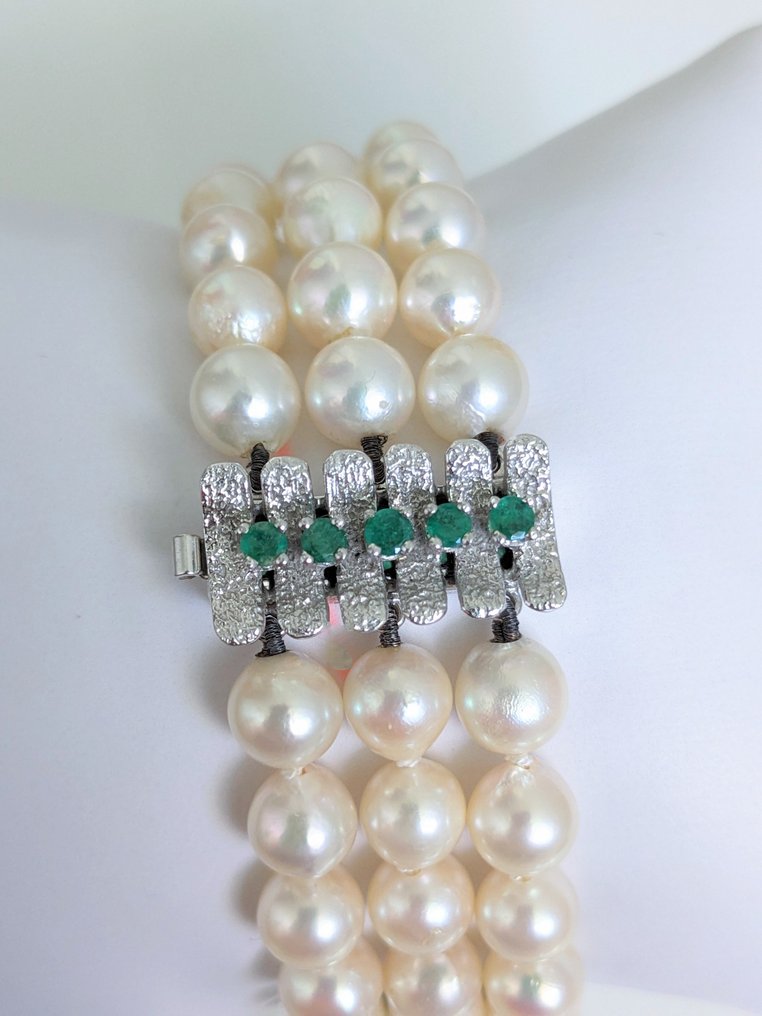 Armbånd - 14 karat Hvidguld Perle - Smaragd #1.1