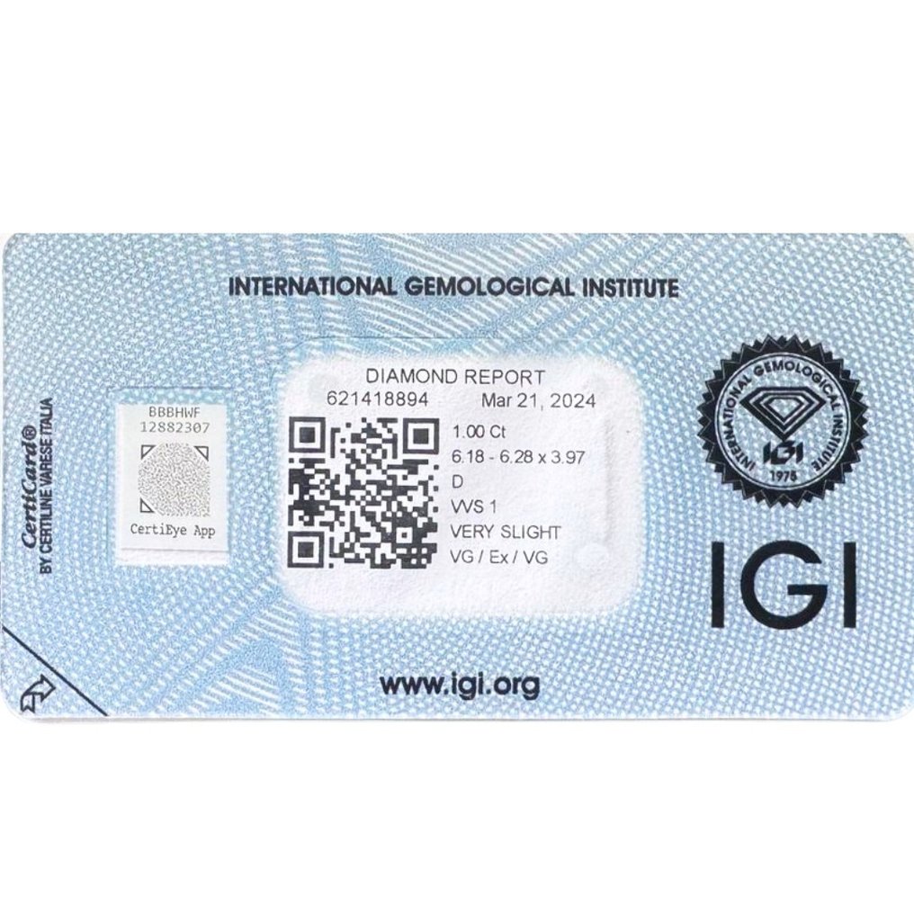 1 pcs 鑽石  (天然)  - 1.00 ct - 圓形 - D (無色) - VVS1 - 國際寶石學院（International Gemological Institute (IGI)） - 頂部顏色 D #3.1