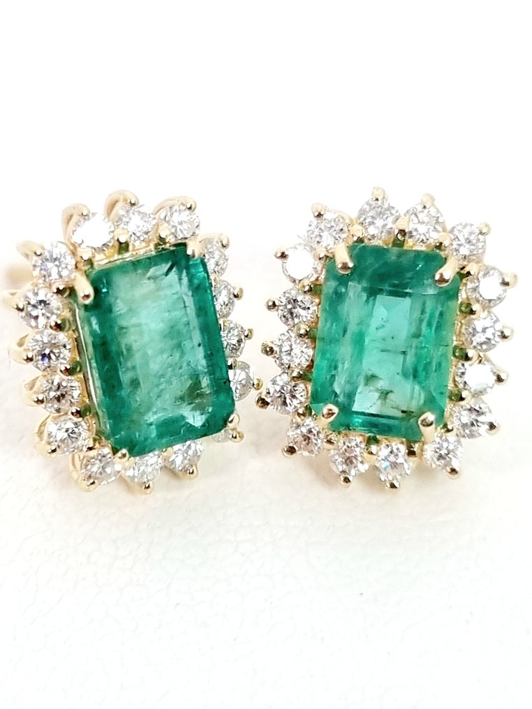 Øreringe - 14 karat Gulguld Smaragd - Zambia - Diamant  #1.1