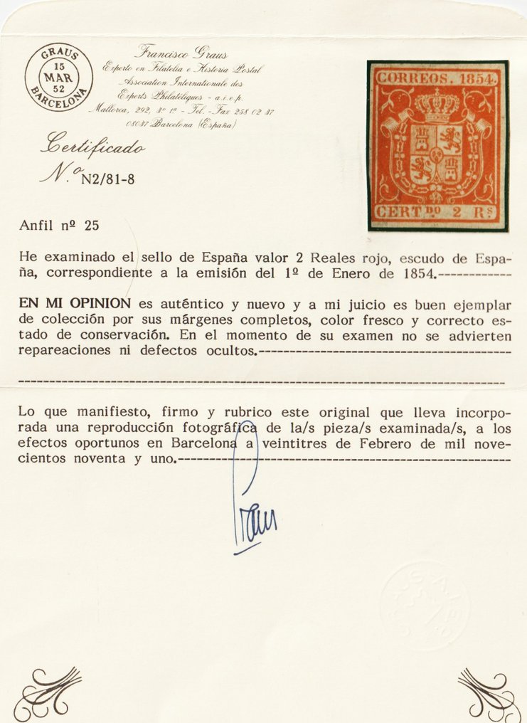 Spanien 1854 - Siegel - Edifil 25 - Escudo de España - 2r. rojo, Gran color #2.1