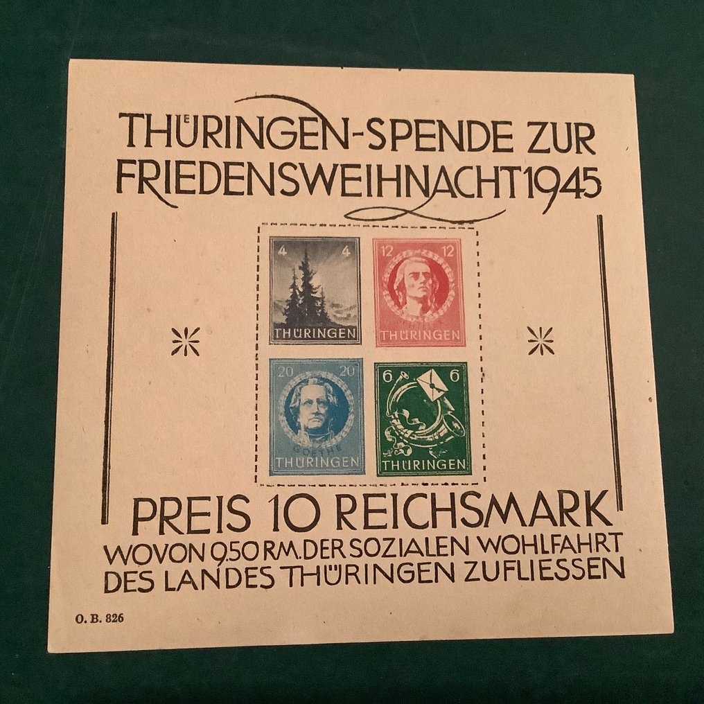 Liittoutuneet - Saksa (neuvostoliiton vyöhyke) 1945 - Thüringen: Joulupala levyvirheellä, postimerkit siirtyneet alaspäin - Michel blok 2 x IV #1.1