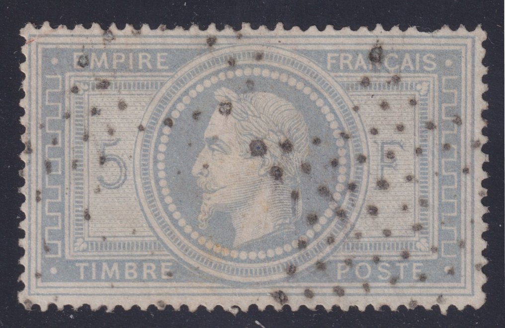 France 1869 - Empire Lauré, N° 33, 5fr violet-gris, oblitéré. Signé Calves. Très beau - Yvert #1.1