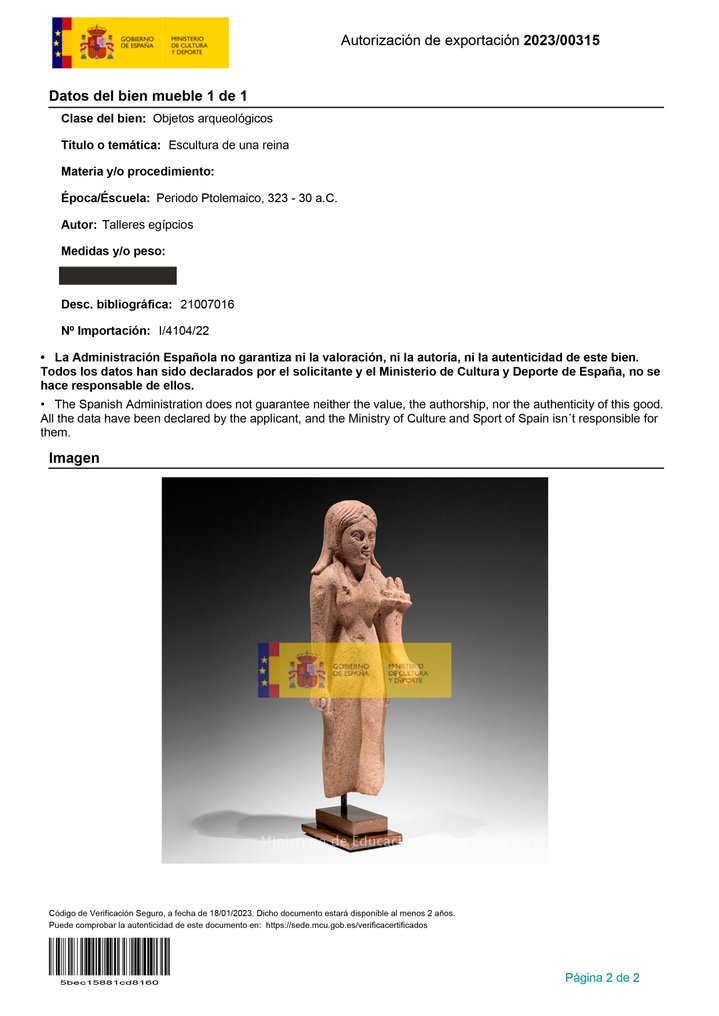 Egiptul Antic Calcar întărit Sculptura unei regine. Perioada Ptolemaică 332-30 î.Hr. 36,5 cm H. Licență de export spaniolă. #3.1