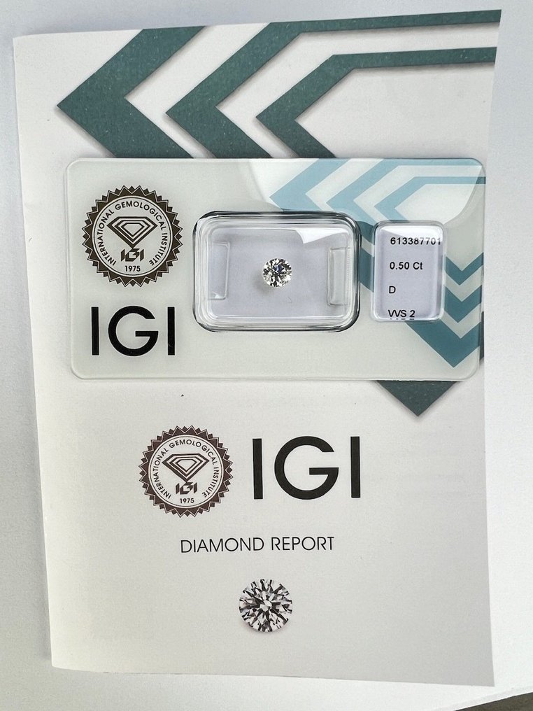 Sem preço de reserva - 1 pcs Diamante  (Natural)  - 0.50 ct - Redondo - D (incolor) - VVS2 - International Gemological Institute (IGI) #1.1